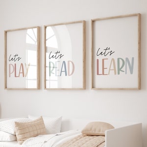 Let&#39;s Play Let&#39;s Read Let&#39;s Learn Playroom Wall Art, Library Reading Corner Art, Colorful Playroom Prints, Set of 3 Classroom Decor Posters