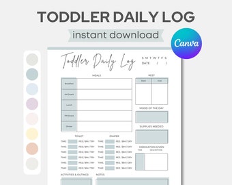 May include: Printable toddler daily log template with sections for meals, rest, toilet, nappy, medication, activities, and notes. The template has a light blue and white colour scheme.
