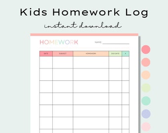 Printable Kids Homework Planner, Elementary Homework Tracker, Homeschool Printable, Homework Checklist, Homework Log, Assignment Tracker