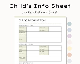 Printable Child's Information Sheet, Important Information Sheet, Parent Contact Information, Daycare Information Form, New Babysitter Notes