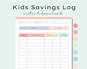 Printable Kids Savings Tracker, Kids Money Saving Goals, Financial Planner for Kids, Savings Log, Kids Budget Tracker, Kids Money Management