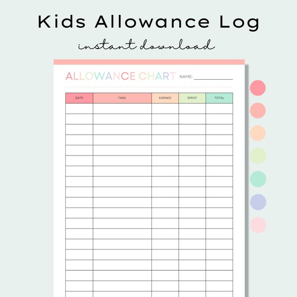 Printable Kids Allowance Chart, Allowance Tracker, Kids Savings Tracker, Weekly Allowance, Chore Chart, Money Reward Chart, Money Management