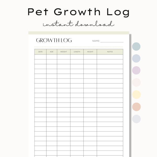 Printable Pet Growth Log, Dog Growth, Cat Growth, Puppy Growth, Kitten Growth, Pet Weight Tracker, Pet Growth Chart, Instant Download PDF