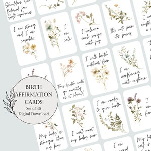 Lot de 40 cartes d'affirmation de naissance imprimables, citations positives de naissance, cartes d'accouchement hypnotique, affirmations de naissance florales