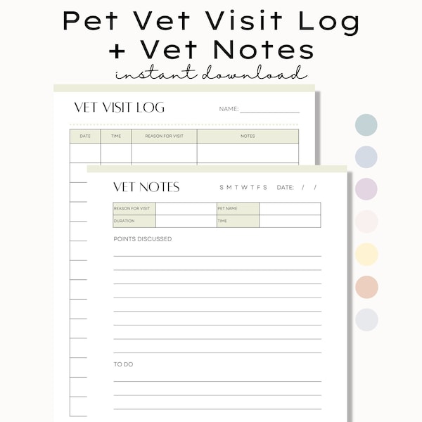 Printable Pet Vet Visit Log, Vet Notes, Dog Vet Visit, Cat Vet Visit, Pet Health Record, Pet Vet Visit Tracker, Veterinarian Visit Record