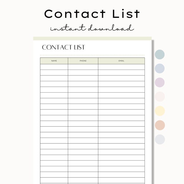 Printable Contact List, Contact List Sheet, Phone Number Log, Address Book Sheet, Small Buisness Contacts Page Template, Event Sign Up Sheet