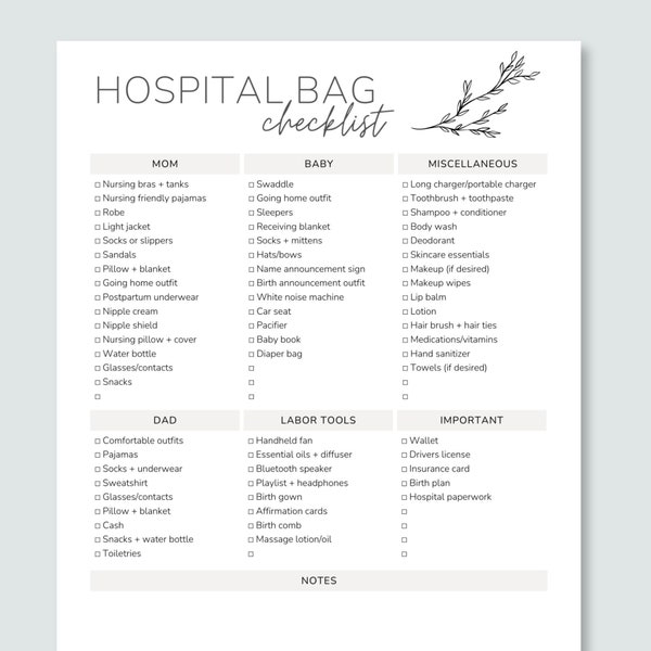 Hospital Bag Checklist Printable, Hospital Bag Packing List Template, Editable Labor and Delivery Bag Checklist, Natural Birth Checklist