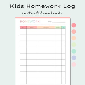 Printable Kids Homework Planner, Elementary Homework Tracker, Homeschool Printable, Homework Checklist, Homework Log, Assignment Tracker