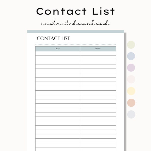 Printable Contact List, Contact List Sheet, Phone Number Log, Address Book Sheet, Contacts Page Template, Name and Number Contact List