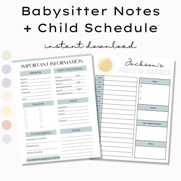 Printable Child Schedule, Babysitter Important Info Sheet, Infant Schedule, Nanny Info Sheet, Child Routine, Emergency Contacts Babysitter