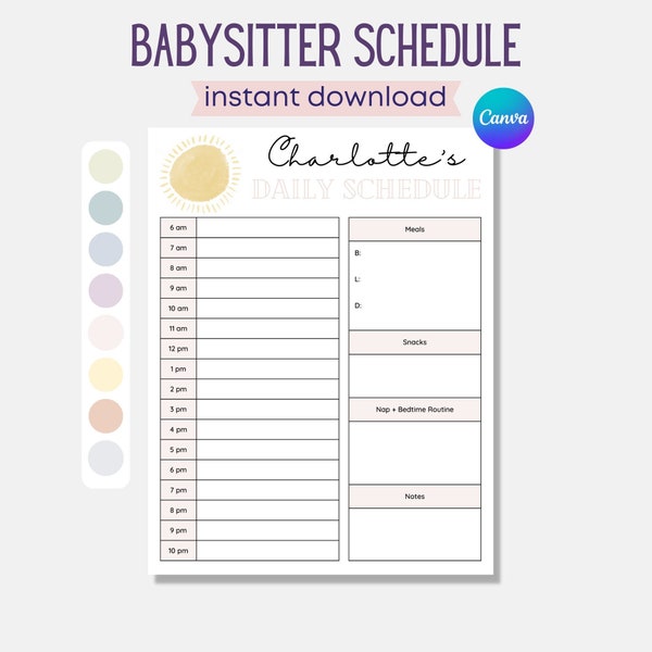 Printable Babysitter Schedule, Editable Nanny Schedule, Infant Schedule, Schedule for Toddler, Child Schedule, Babysitter Planner PDF