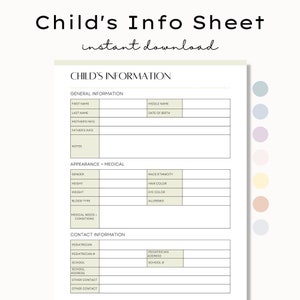 Printable Child&#39;s Information Sheet, Important Information Sheet, Parent Contact Information, Daycare Information Form, New Babysitter Notes