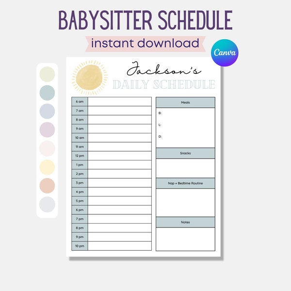Printable Babysitter Schedule, Nanny Schedule, Infant Schedule, Editable Baby Schedule, Toddler Schedule, Child Schedule, Babysitter Notes