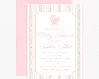 Girl Baby Shower Invitation, Pink Green Floral Baby Girl Shower Invitation, Girl Pink Baby Shower Invite, Printed Baby Shower Invitations
