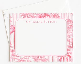 Personalized Pink Costal Notecards, Custom Pink Stripe Palm Tree Note Cards, Thank You Note Cards, Mothers Day Gift, Women's Stationery