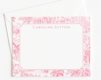 Personalized Pink Costal Notecards, Custom Pink Floral Chinoiserie Note Cards, Thank You Note Cards, Mothers Day Gift, Women's Stationery