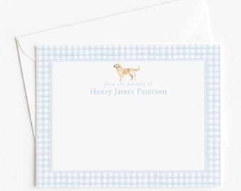 Aus dem Kinderzimmer der Karte, personalisiertes Golden Retriever Kinderzimmer-Briefpapier, kundenspezifisches blaues Gingham-Briefpapier, Jungen-Hund-Babyparty Danke