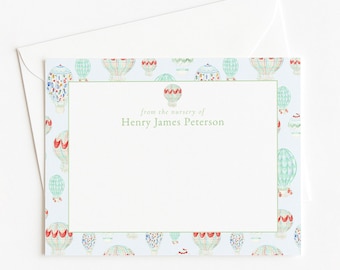 Hot Air Balloon Stationery, From The Nursery of Card, Personalized Nursery Stationery, Custom Blue and Green Boy Baby Shower Thank You Card