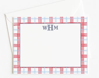 Americana Monogram Stationery, Personalized Red White Blue Stationery, Custom Patriotic Gingham Stationery, Boy Baby Shower Thank You Card