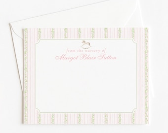 From The Nursery of Card, Personalized Nursery Stationery, Custom Pink and Green Floral Stationery, Rocking Horse Girl Baby Shower Thank You