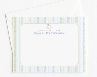 From The Nursery of Card, Personalized Nursery Stationery, Custom Blue and Green Floral Stationery, Rocking Horse Boy Baby Shower Thank You