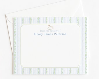 From The Nursery of Card, Personalized Nursery Stationery, Custom Blue and Green Floral Stationery, Rocking Horse Boy Baby Shower Thank You