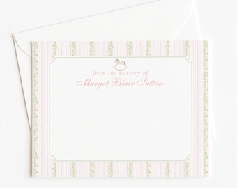 From The Nursery of Card, Personalized Nursery Stationery, Custom Pink and Green Floral Stationery, Rocking Horse Girl Baby Shower Thank You