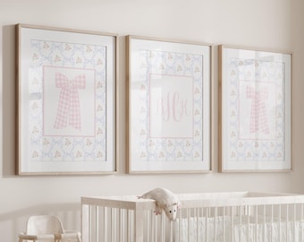 Monogram Nursery Wall Art Set, Grandmillennial Nursery, Pink Bow Print, Girl Nursery Prints, Baby Name Nursery Wall Decor, Pink Girl Room