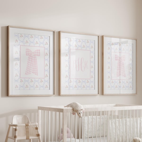 Monogram Nursery Wall Art Set, Grandmillennial Nursery, Pink Bow Print, Girl Nursery Prints, Baby Name Nursery Wall Decor, Pink Girl Room