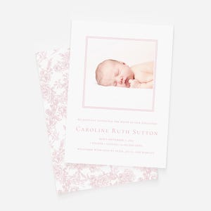 Baby Girl Birth Announcement, Pink Toile Newborn Announcement, Double Sided Photo Baby Birth Announcement Card, Simple Birth Announcement