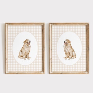 Golden Retriever Nursery Decor Print Set, Watercolor Dog Boy Nursery Print, Baby Girl Neutral Gingham Wall Prints, Tan Beige Bow Dog Art