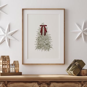Vintage stijl kerstboomprint rode fluwelen strik, afdrukbare kerstmuurkunst, sneeuw winterlandschap muurkunst, coquette kerstdecor