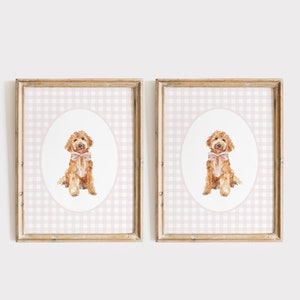 Golden Doodle Nursery Print Set, Watercolor Dog Decor, Baby Girl Nursery, Pink Gingham Wall Print, Coquette Pink Bow Art, Puppy Nursery