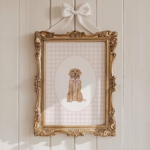 Golden Retriever Nursery Print, Custom Watercolor Dog Nursery Art, Baby Girl Nursery, Pink Gingham Puppy Nursery Decor, Coquette Pink Bow