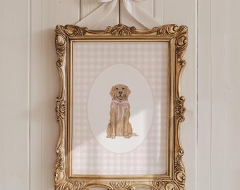 Golden Retriever Nursery Print, Custom Watercolor Dog Nursery Art, Baby Girl Nursery, Pink Gingham Puppy Nursery Decor, Coquette Pink Bow