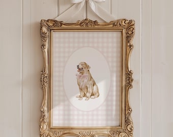 Golden Retriever Nursery Decor, Watercolor Dog Nursery Print, Baby Girl Nursery, Pink Gingham Wall Prints Dog, Coquette Pink Bow Wall Art