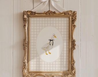 Grafika do pokoju dziecięcego z gęsią, sztuka do pokoju dziecięcego z gęsiami w stylu vintage, pokój dla dziewczynki, neutralna dekoracja do pokoju dziecięcego w kratkę gingham, kokarda ścienna z gęsią kokardą, pokój dziecięcy z kaczką