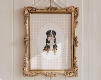 Bernese Mountain Dog Nursery Decor, Watercolor Bernie Dog Nursery Print, Baby Girl Nursery, Pink Gingham Wall Print, Coquette Pink Bow Art