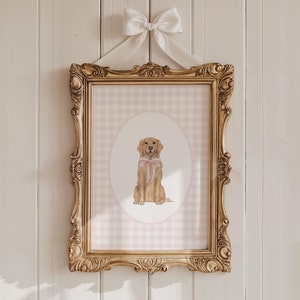 Golden Retriever Nursery Print, Custom Watercolor Dog Nursery Art, Baby Girl Nursery, Pink Gingham Puppy Nursery Decor, Coquette Pink Bow