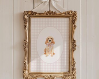 Decoración de habitación de Cocker Spaniel, Impresión de habitación de perro Golden Spaniel en acuarela, Habitación de niña, Impresión de pared de cuadros vichy rosas, Arte de lazo rosa coqueto