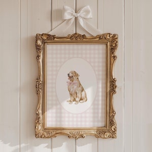 Golden Retriever Nursery Decor, Watercolor Dog Nursery Print, Baby Girl Nursery, Pink Gingham Wall Prints Dog, Coquette Pink Bow Wall Art