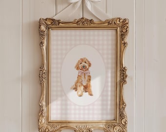 Golden Doodle Nursery Decor, Watercolor Dog Nursery Print, Baby Girl Nursery, Pink Gingham Wall Print, Coquette Pink Bow Art, Puppy Nursery
