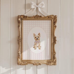 Décoration de chambre d&#39;enfant Yorkie, impression aquarelle pour chambre de bébé chien, chambre de bébé fille, impression murale Vichy rose, noeud rose coquette, art pour chambre de bébé chiot