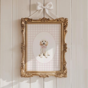 Blonde Golden Doodle Nursery Decor, Watercolor Dog Print, Baby Girl Nursery, Pink Gingham Wall Print, Coquette Pink Bow Art, Puppy Nursery