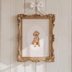 Golden Doodle Nursery Decor, Watercolor Dog Nursery Print, Baby Girl Nursery, Pink Gingham Wall Print, Coquette Pink Bow Art, Puppy Nursery