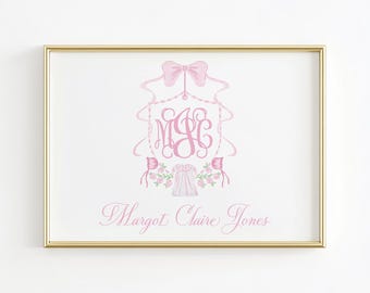 Pink Bow Monogram Crest Nursery Wall Art, Grandmillennial Nursery, Baby Girl Bonnet Nursery Print, Heirloom Baby Name Above Crib Wall Decor