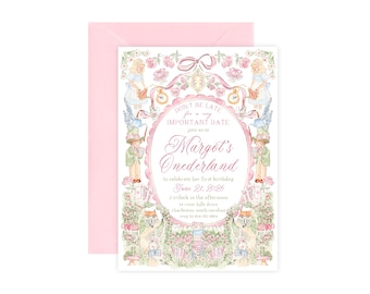 Printed Watercolor Alice in Wonderland Invitation, Onederland Birthday Party, Girl First Birthday Invite, Whimsical Tea Party 1st Birthday