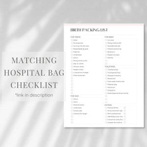 Peut inclure: Une liste de contr&ocirc;le imprimable pour pr&eacute;parer un sac d'h&ocirc;pital pour un nouveau parent. La liste est divis&eacute;e en sections pour "Pour maman", "Pour b&eacute;b&eacute;", "Articles de toilette", "Pour papa" et "Extras". La liste comprend des articles tels qu'une robe, des soutiens-gorge d'allaitement, des pyjamas, des chaussettes, une tenue de sortie, un si&egrave;ge auto, un lange, des couches, des lingettes, une brosse &agrave; dents, du dentifrice, des collations et des documents hospitaliers.