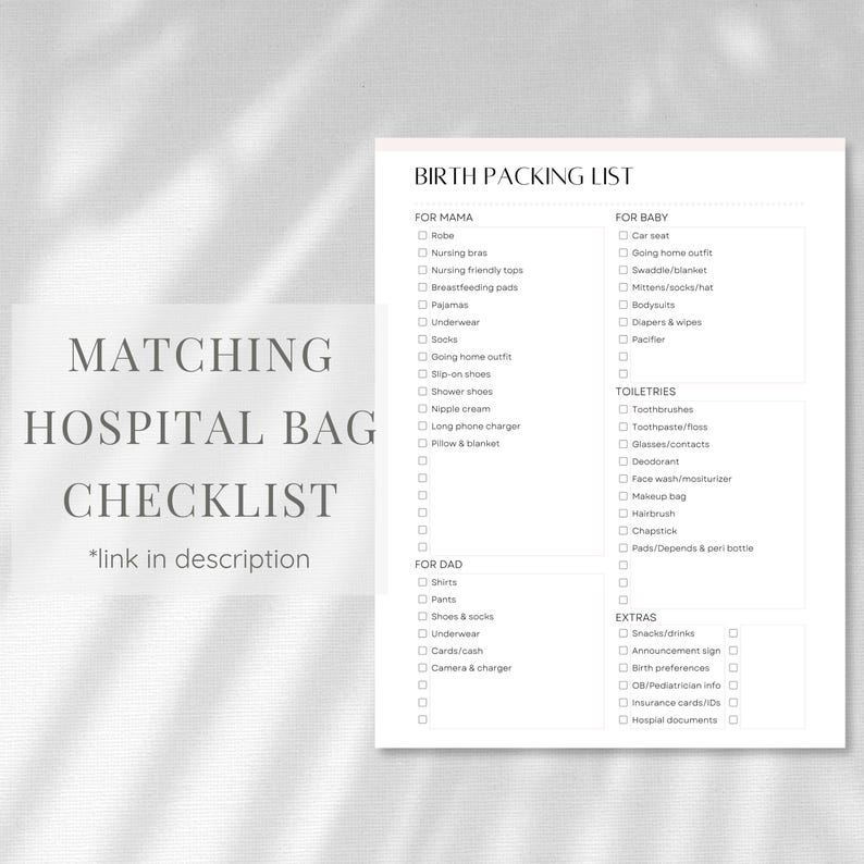 Peut inclure: Une liste de contr&ocirc;le imprimable pour pr&eacute;parer un sac d'h&ocirc;pital pour un nouveau parent. La liste est divis&eacute;e en sections pour "Pour maman", "Pour b&eacute;b&eacute;", "Articles de toilette", "Pour papa" et "Extras". La liste comprend des articles tels qu'une robe, des soutiens-gorge d'allaitement, des pyjamas, des chaussettes, une tenue de sortie, un si&egrave;ge auto, un lange, des couches, des lingettes, une brosse &agrave; dents, du dentifrice, des collations et des documents hospitaliers.