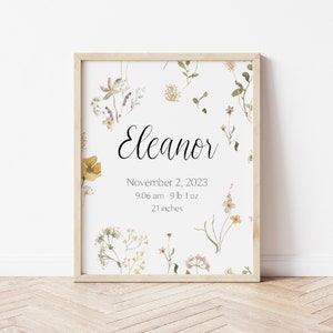 Baby Birth Details Print, Birth Flower Birth Announcement, Wildflower Newborn Birth Stats Print, Personalized Nursery Print Wildflower Name